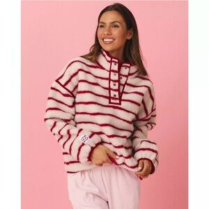 Eleven Eleven Cozy Striped Fleece Pullover NWT XL Red, Pink, White Stripe